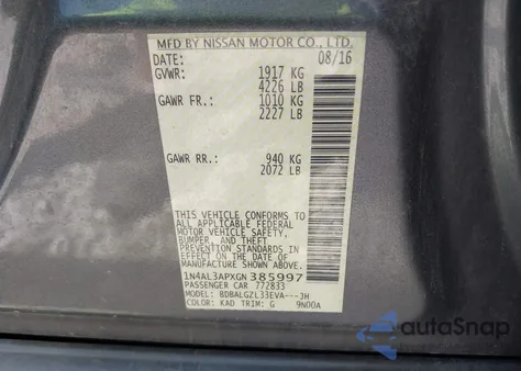 2016 Nissan Altima 2.5 S z USA, uszkodzony, nr VIN 1N4AL3APXGN385997